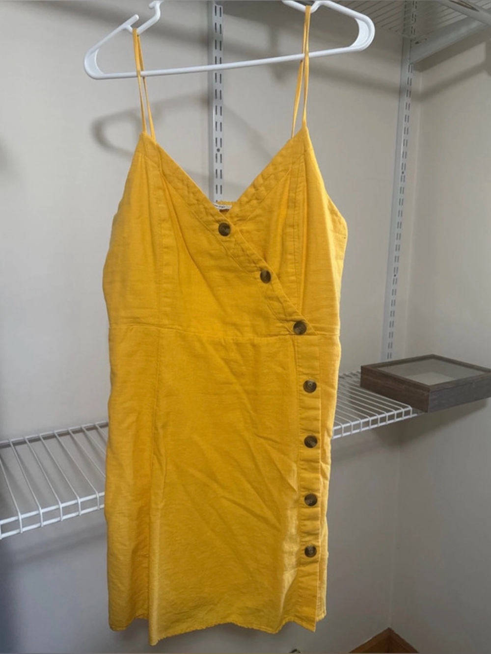 American Eagle Outfitters Yellow Spaghetti Strap Button-Trim Mini Dress